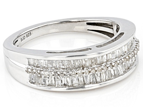 0.60ctw Baguette And Round White Diamond Rhodium Over Sterling Silver Band Ring - Size 7