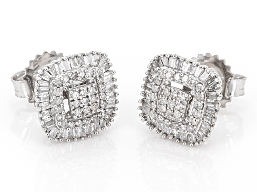 0.60ctw Baguette And Round White Diamond 10k White Gold Cluster Stud Earrings