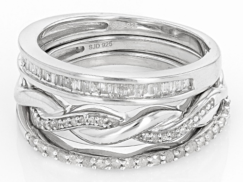 0.50ctw Baguette And Round White Diamond Rhodium Over Sterling Silver Set of 3 Band Rings - Size 6