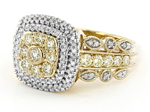 1.00ctw Round Natural Yellow And White Diamond 10K Yellow Gold Cluster Ring - Size 5