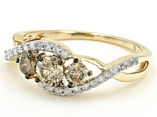 0.81ctw Round Champagne And White Diamond 10k Yellow Gold 3-Stone Ring - Size 5
