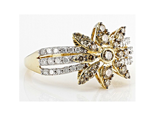 0.70ctw Round Champagne And White Diamond 10k Yellow Gold Cluster Ring - Size 6