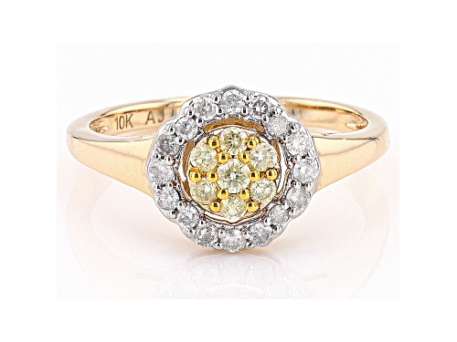 0.35ctw Round Natural Yellow And White Diamond 10k Yellow Gold Cluster Ring - Size 9