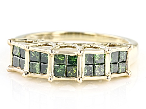 1.00ctw Princess Cut Green Diamond 10k Yellow Gold Band Ring - Size 6.5