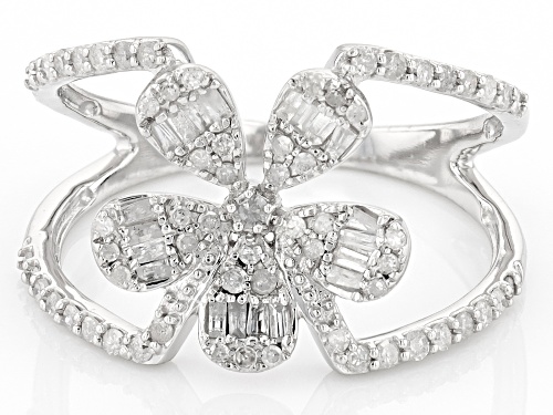 0.50ctw Round And Baguette White Diamond 10k White Gold Open Design Floral Ring - Size 5