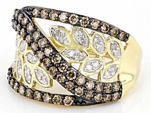 1.00ctw Round Champagne And White Diamond 10k Yellow Gold Leaf Design Ring - Size 8