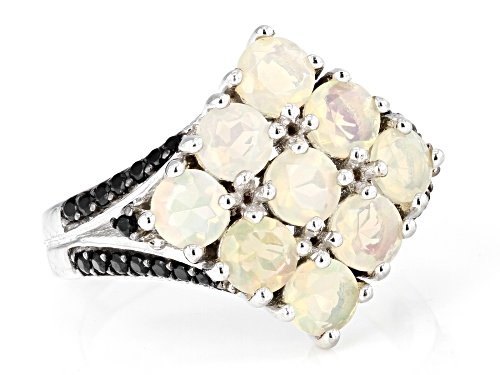 1.62ctw Round Ethiopian Opal and 0.16ctw Round Black Spinel Rhodium Over Sterling Silver Ring - Size 7