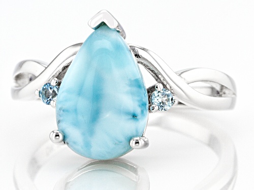 12x8mm Pear Shaped Larimar and 0.09ctw Round Swiss Blue Topaz Rhodium Over Sterling Silver Ring - Size 10