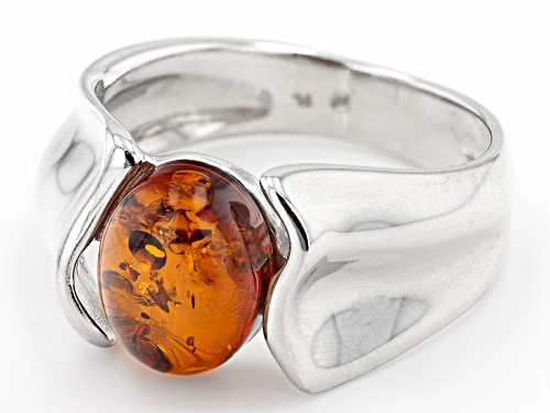 10x8mm Oval Cabochon Cognac Amber Rhodium Over Sterling Silver Solitaire Ring - Size 6