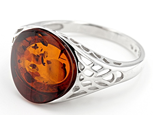 12mm Round Cabochon Cognac Amber Rhodium Over Sterling Silver Ring - Size 7