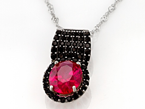 2.55ct Lab Created Ruby With 0.39ctw Black Spinel Rhodium Over Sterling Silver Pendant With Chain