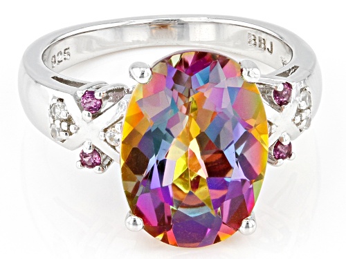 4.50ct Northern Lights™ Quartz With 0.10ctw Rhodolite And White Zircon Rhodium Over Silver Ring - Size 8