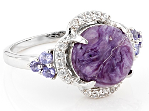 10mm Round Charoite With 0.21ctw Tanzanite And 0.14ctw White Zircon Rhodium Over Silver Ring - Size 8