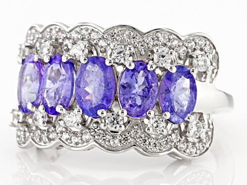 1.49ctw Oval Tanzanite With 0.50ctw Round White Zircon Rhodium Over Sterling Silver Ring - Size 8