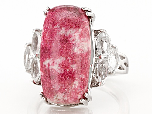 20x10mm Rectangular Cushion Thulite With 1.63ctw White Topaz Rhodium Over Sterling Silver Ring - Size 7