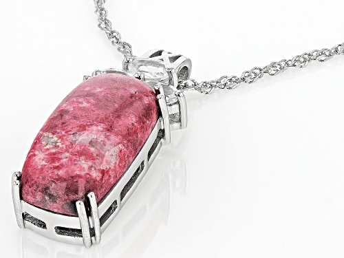 20x10mm Thulite With 0.78ctw Oval White Topaz Rhodium Over Sterling Silver Pendant With Chain
