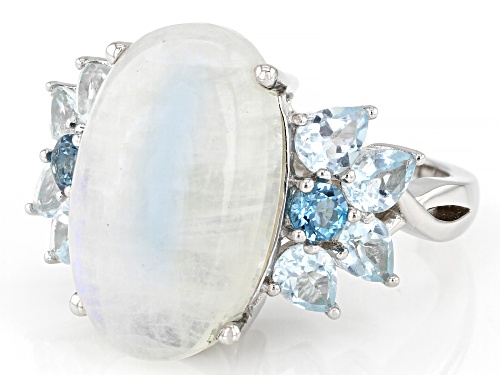 Rainbow Moonstone with 1.38ctw London Blue Topaz & Glacier Topaz™ Rhodium Over Silver Ring - Size 6