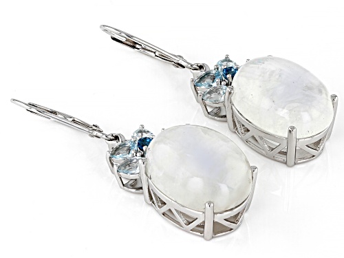 Rainbow Moonstone with 1.30ctw London Blue Topaz & Glacier Topaz™ Rhodium Over Silver Earrings
