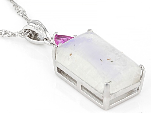 16x10mm Rainbow Moonstone And 0.23ctw Lab Pink Sapphire Rhodium Over Silver Pendant With Chain