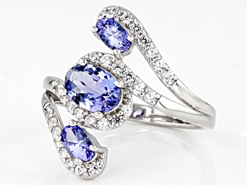 1.01ctw Tanzanite And 0.81ctw White Zircon Rhodium Over Sterling Silver 3-Stone Ring - Size 9