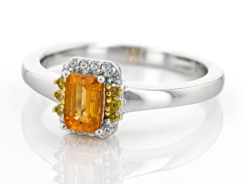 0.64ct Spessartite with 0.13ctw Yellow Diamond and White Zircon Rhodium Over Sterling Silver Ring - Size 9