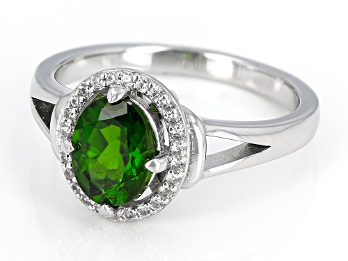 1.19ct Oval Chrome Diopside And 0.12ctw White Zircon Rhodium Over Sterling Silver Ring - Size 10