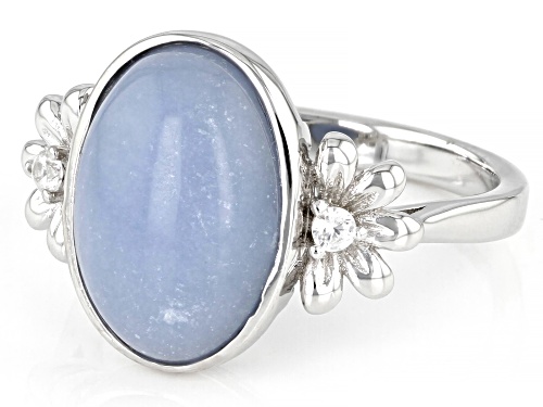 14x10mm Angelite And 0.07ctw White Zircon Rhodium Over Sterling Silver Flower Ring - Size 7