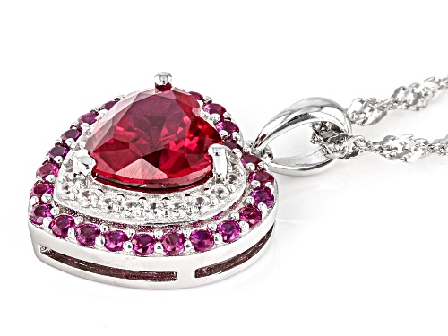 2.31ctw Lab Ruby and 0.20ctw White Zircon Rhodium Over Sterling Silver Heart Pendant with Chain
