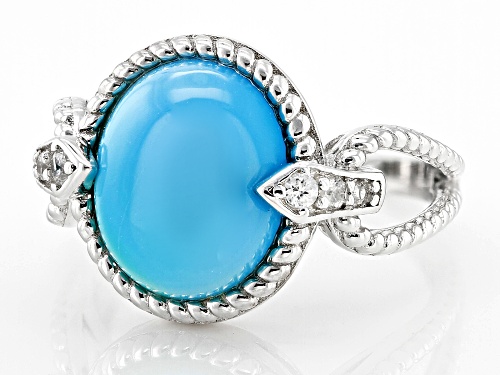 Blue Kingman Turquoise with 0.10ctw White Zircon Rhodium Over Sterling Silver Ring - Size 9
