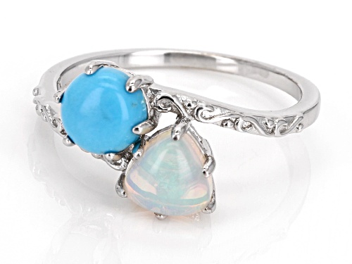 Ethiopian Opal with Sleeping Beauty Turquoise Rhodium Over Sterling Silver Ring - Size 9