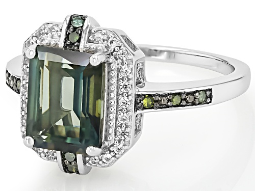 2.00ct Labradorite with 0.16ctw White Zircon & Green Diamond Accent Rhodium Over Silver Ring - Size 8