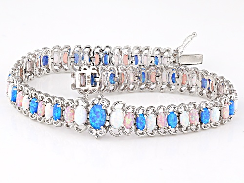 Blue, White, and Pink Lab Created Opal Rhodium Over Sterling Silver Tennis Bracelet - Size 8
