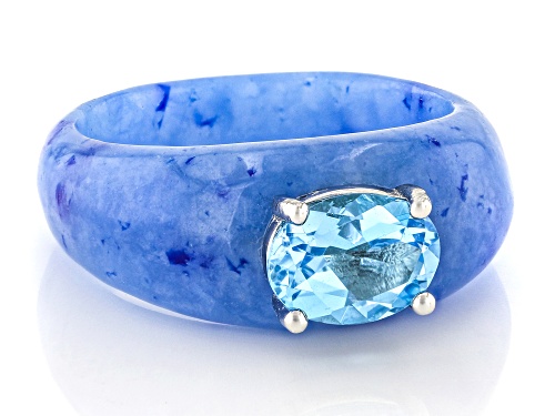 Blue Jadeite with 1.25ct Swiss Blue Topaz Rhodium Over Sterling Silver Ring - Size 6