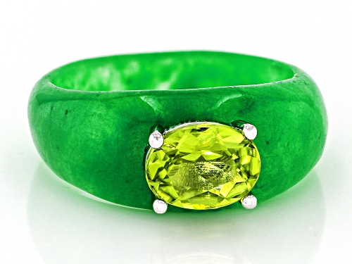 Green Jadeite with 1.15ct Manchurian Peridot™ Rhodium Over Sterling Silver Ring - Size 6