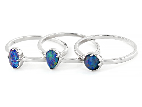 Australian Opal Triplet Rhodium Over Sterling Silver Set of 3 Rings - Size 6
