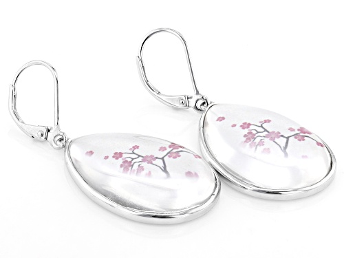 26x18mm Quartz with Printed Cherry Blossom Design Rhodium Over Sterling Silver Earrings