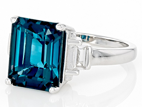 4.08ct Lab Teal Spinel with 0.22ctw Lab White Sapphire Rhodium Over Sterling Silver Ring - Size 6