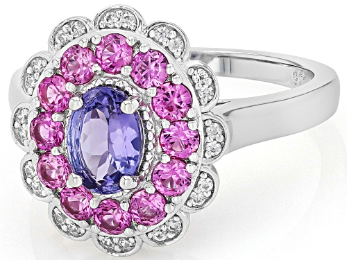 .64ct Tanzanite with 0.83ctw Lab Pink Sapphire & White Zircon Rhodium Over Sterling Silver Ring - Size 9