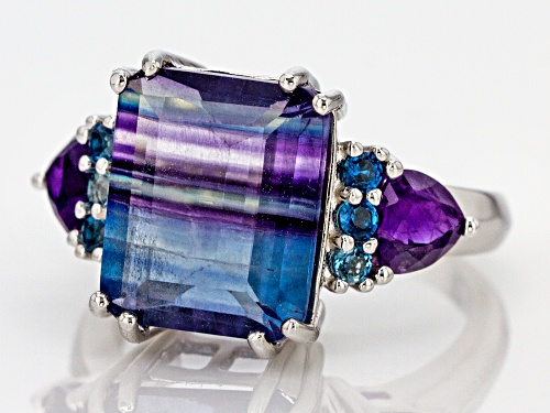 6.41ct Bi-Color Fluorite With .45ctw Amethyst & .21ctw London Blue Topaz Rhodium Over Silver Ring - Size 10