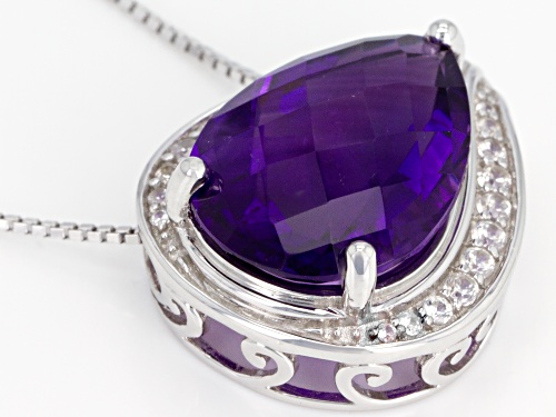 9.77CT PEAR SHAPE AFRICAN AMETHYST & .37CTW WHITE ZIRCON RHODIUM OVER SILVER SLIDE WITH CHAIN