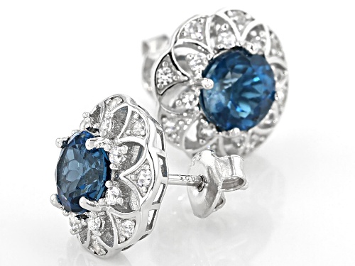 2.79ctw Round London Blue Topaz With .54ctw Round White Zircon Rhodium Over Silver Earrings