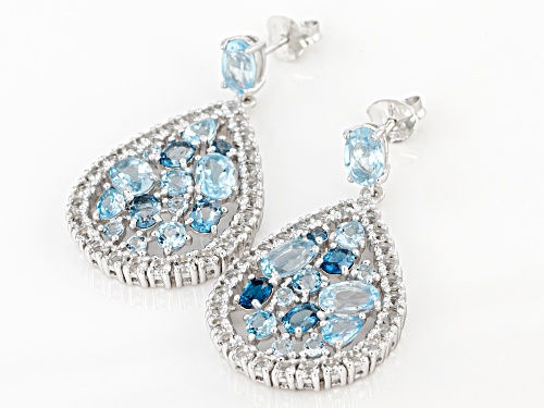 5.76ctw mixed blue and 2.70ctw round white topaz rhodium over silver teardrop dangle earrings