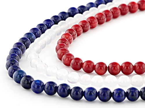 6mm red coral, 6mm white agate & 6mm blue lapis lazuli beads, triple strand sterling silver necklace - Size 18