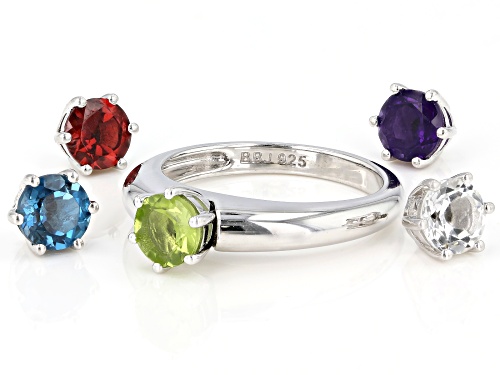 3.87ctw Round Multi-Gemstone Rhodium Over Sterling Silver Interchangeable Solitaire Ring - Size 7