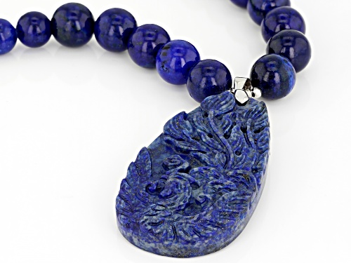 Graduated 6mm, 8mm & 10mm lapis lazuli beads and 49x27mm hand carved peacock drop, silver necklace - Size 18