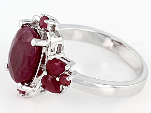 4.42ctw Rectangular Cushion, Pear Shape and Round Indian Ruby Rhodium Over Sterling Silver Ring - Size 8