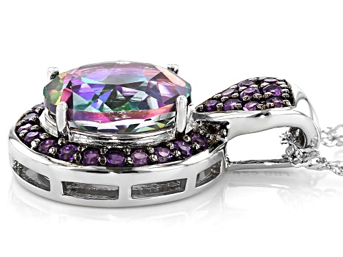 3.87ct Mystic Fire® Green Topaz with .35ctw African Amethyst Rhodium Over Silver Pendant with Chain