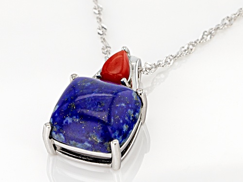 Square Cushion Lapis Lazuli & Pear Shape Red Coral Rhodium Over Silver 2-Stone Pendant W/Chain