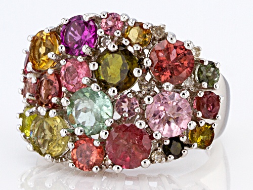 4.91ctw Mixed-Color Tourmaline with .08ctw White Diamond Accent Rhodium Over Silver Band Ring - Size 9