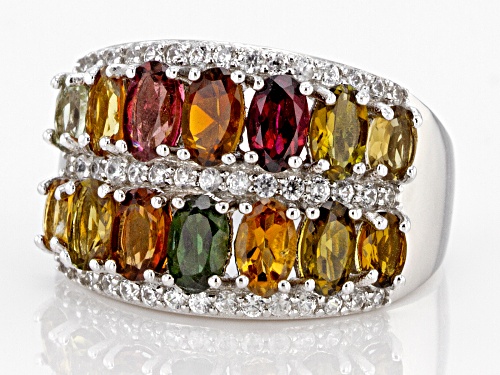 2.36ctw Oval Mixed Multi-Tourmaline with .65ctw Round White Zircon Rhodium Over Silver Band Ring - Size 7